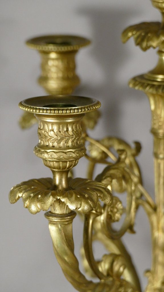 Pair Of Louis XVI Style Candelabra Candlesticks In Gilt Bronze, Napoleon III Period-photo-4