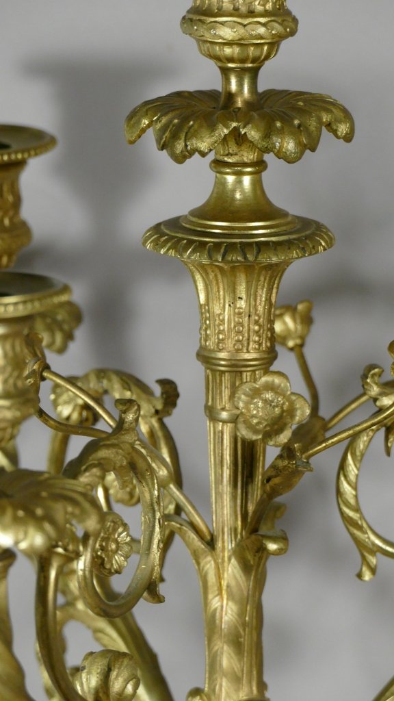 Pair Of Louis XVI Style Candelabra Candlesticks In Gilt Bronze, Napoleon III Period-photo-5