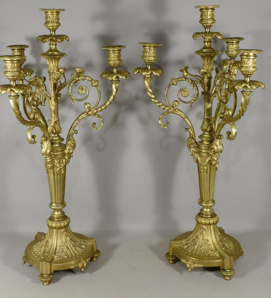 Paire De Chandeliers Candélabres Style Louis XVI En Bronze Doré, époque Napoléon III