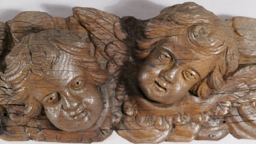 Sculpture Les Angelots, Carved Oak Wood, XVIIth Century-photo-1