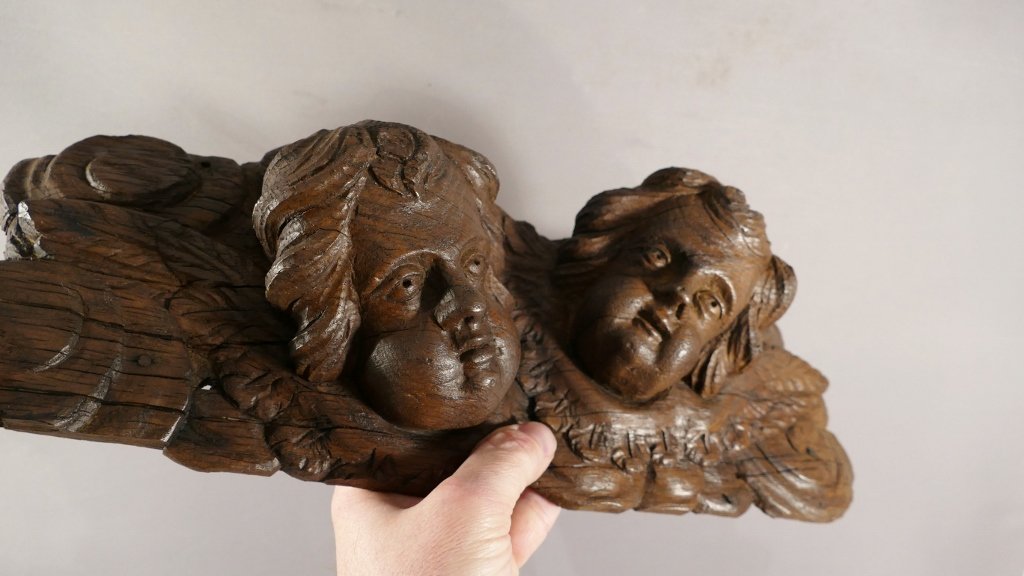 Sculpture Les Angelots, Carved Oak Wood, XVIIth Century-photo-2