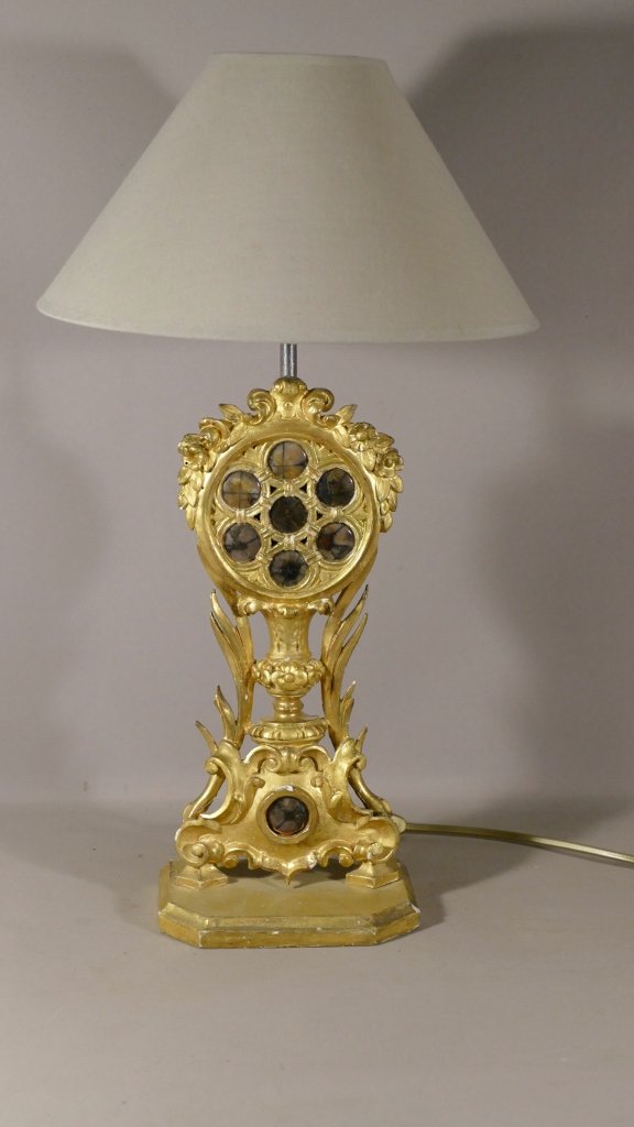 Lampe XVIII ème, Bois Sculpté Doré à La Feuille, Pierres Semi Précieuse, Genre Monstrance 