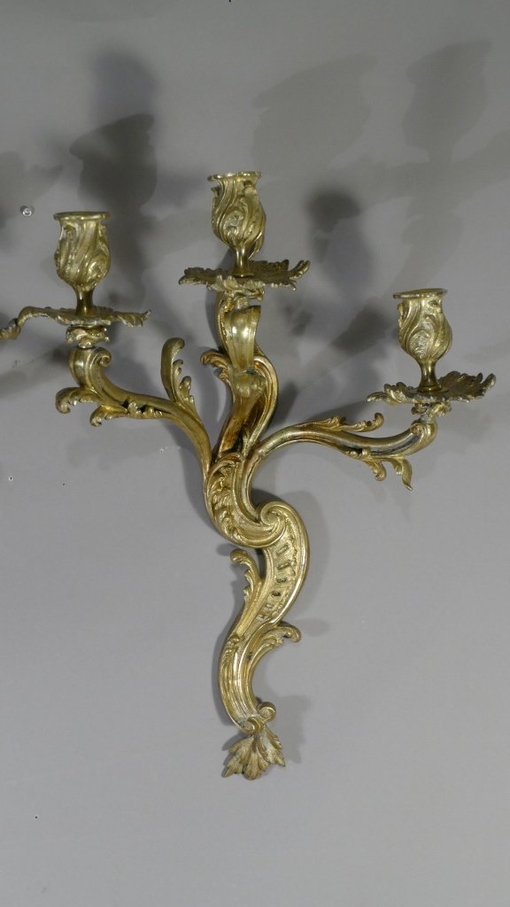 Pair Of Large Louis XV Sconces In Gilt Bronze With 3 Lights, XIXth Century-photo-2