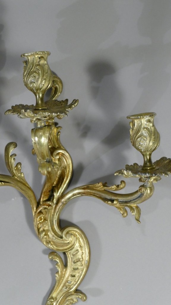 Pair Of Large Louis XV Sconces In Gilt Bronze With 3 Lights, XIXth Century-photo-1