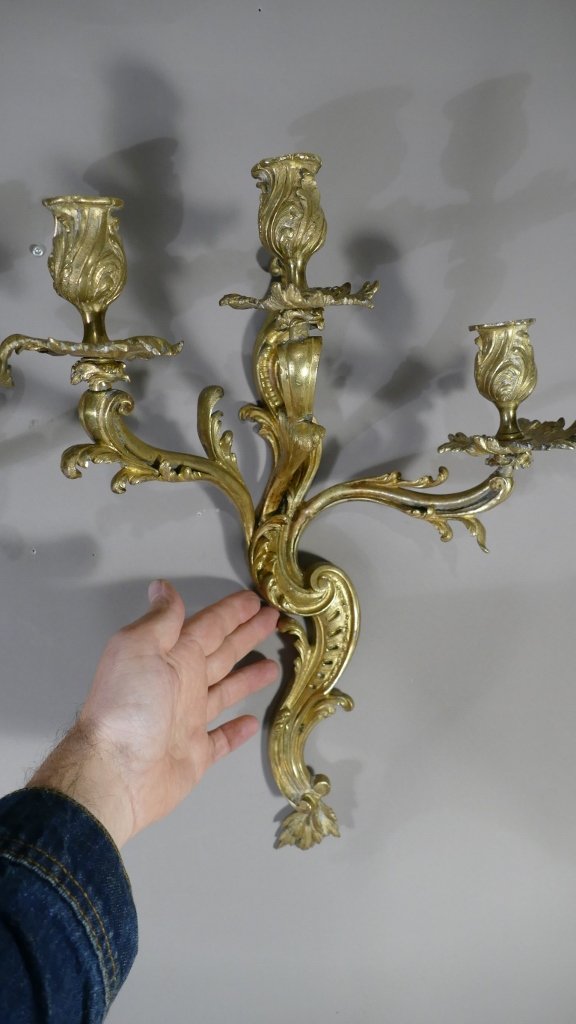 Pair Of Large Louis XV Sconces In Gilt Bronze With 3 Lights, XIXth Century-photo-3