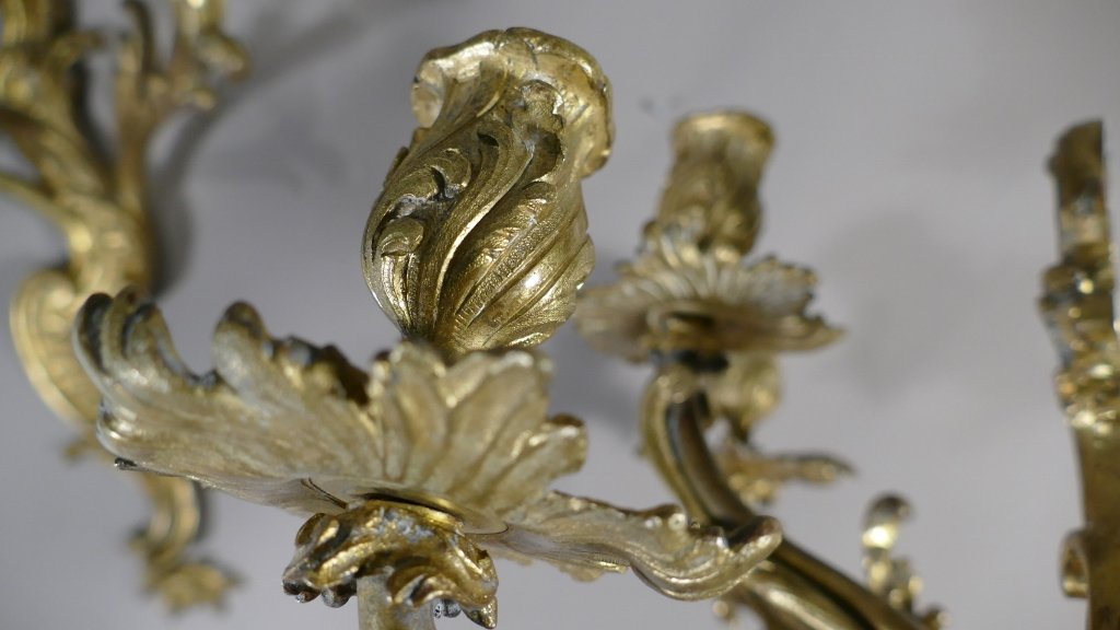 Pair Of Large Louis XV Sconces In Gilt Bronze With 3 Lights, XIXth Century-photo-5