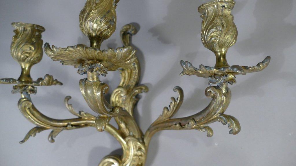 Pair Of Large Louis XV Sconces In Gilt Bronze With 3 Lights, XIXth Century-photo-7