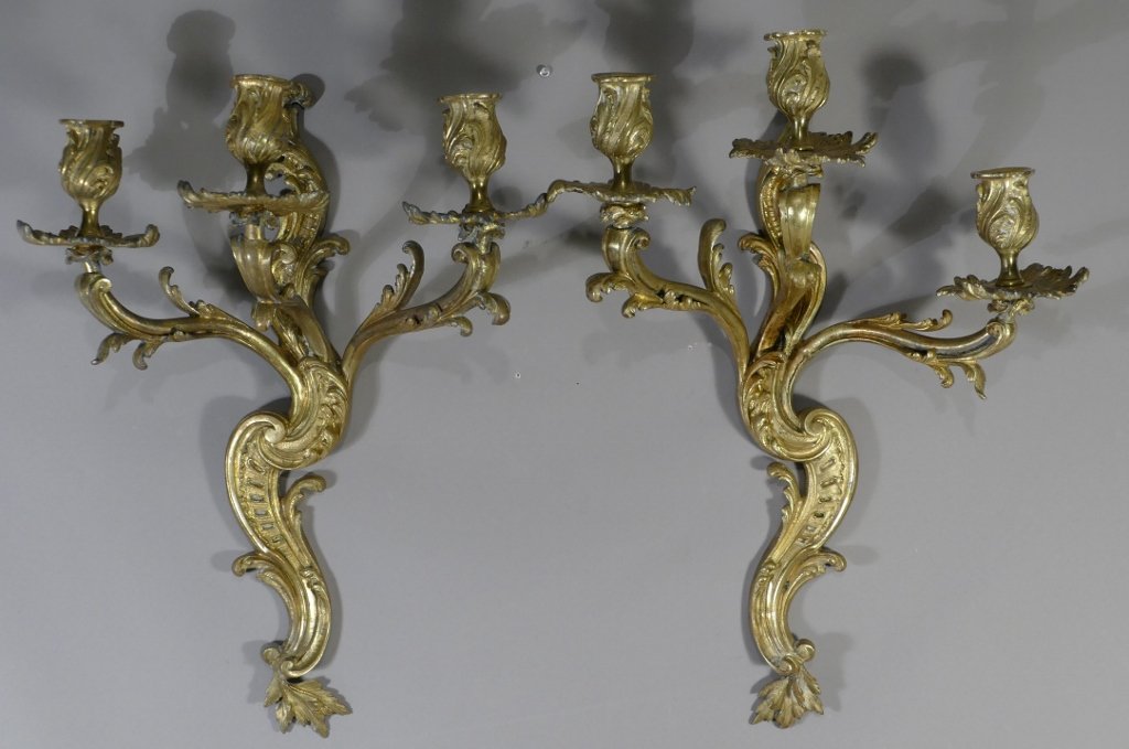 Pair Of Large Louis XV Sconces In Gilt Bronze With 3 Lights, XIXth Century