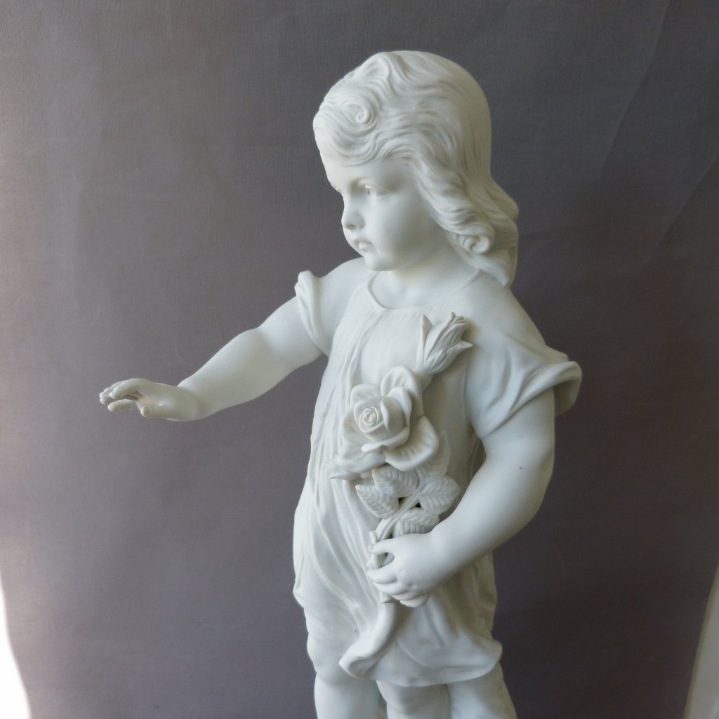 H 56 Cm, Biscuit Sculpture, Child With The Rose, Early Twentieth Time-photo-3