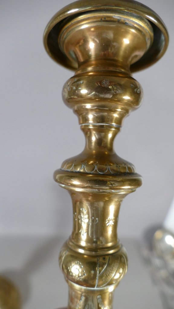 Pair Of Louis Philippe Torches In Engraved Golden Copper, Around 1840-photo-3