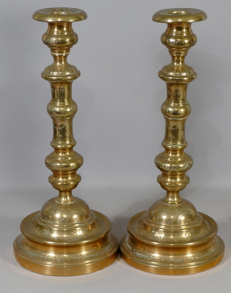 Pair Of Louis Philippe Torches In Engraved Golden Copper, Around 1840
