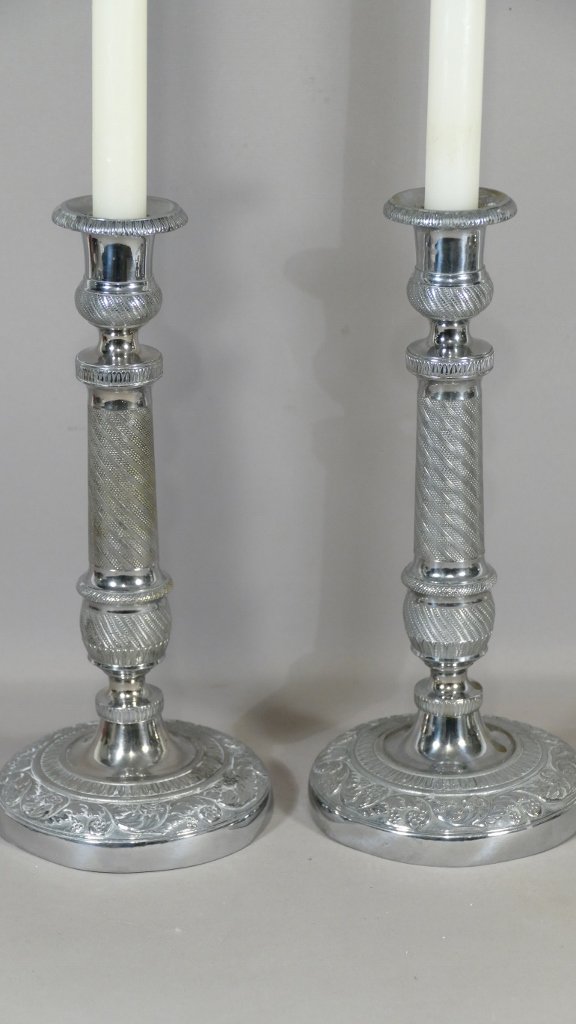 Pair Of Candlesticks In Silver Bronze, Chiselled And Guillochés, Restoration Period-photo-2