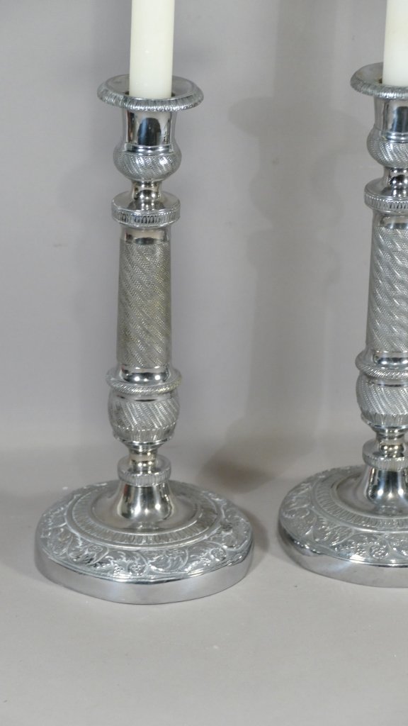 Pair Of Candlesticks In Silver Bronze, Chiselled And Guillochés, Restoration Period-photo-3
