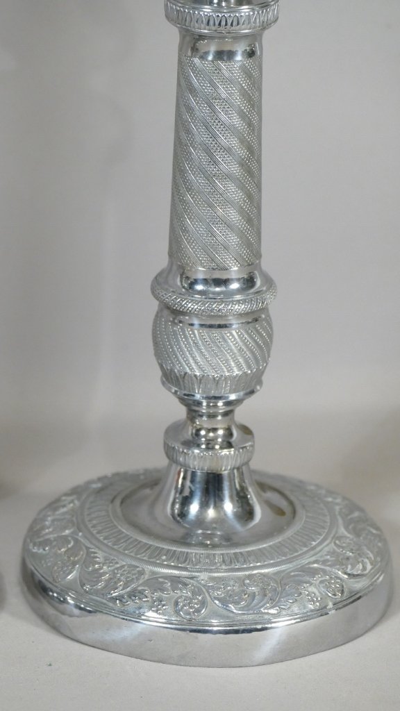 Pair Of Candlesticks In Silver Bronze, Chiselled And Guillochés, Restoration Period-photo-1