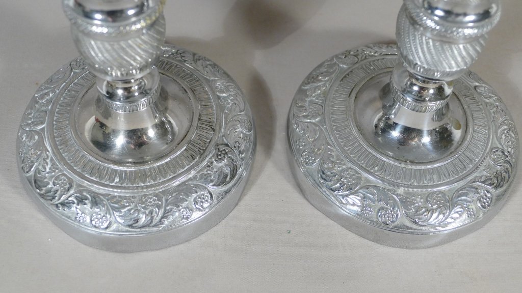 Pair Of Candlesticks In Silver Bronze, Chiselled And Guillochés, Restoration Period-photo-4