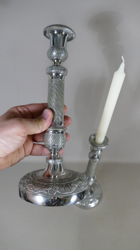 Pair Of Candlesticks In Silver Bronze, Chiselled And Guillochés, Restoration Period-photo-6