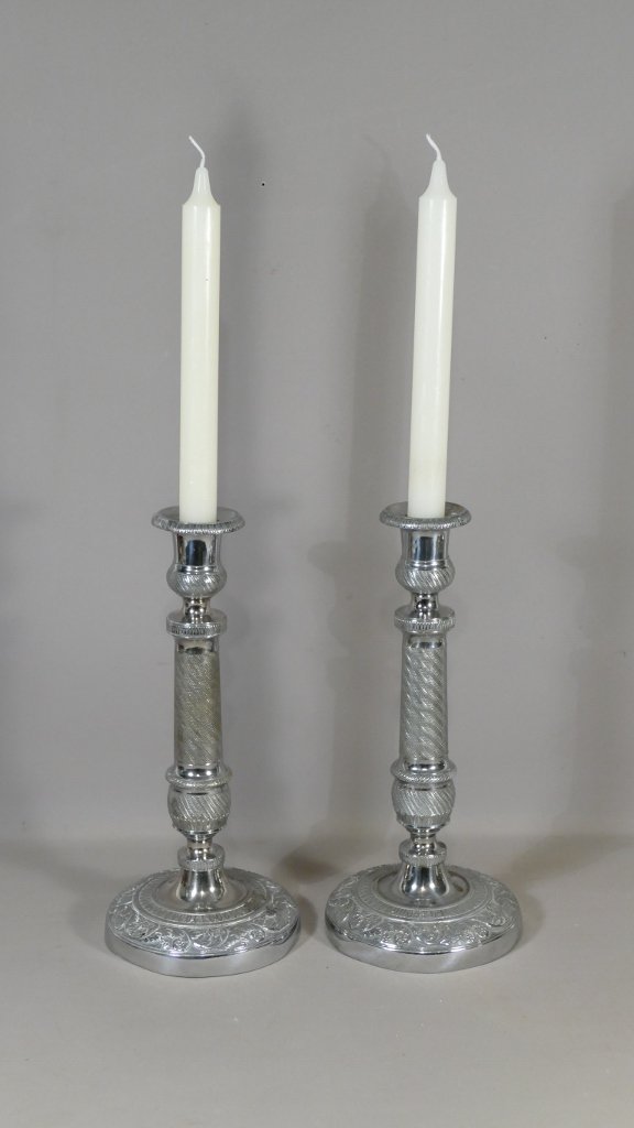 Pair Of Candlesticks In Silver Bronze, Chiselled And Guillochés, Restoration Period