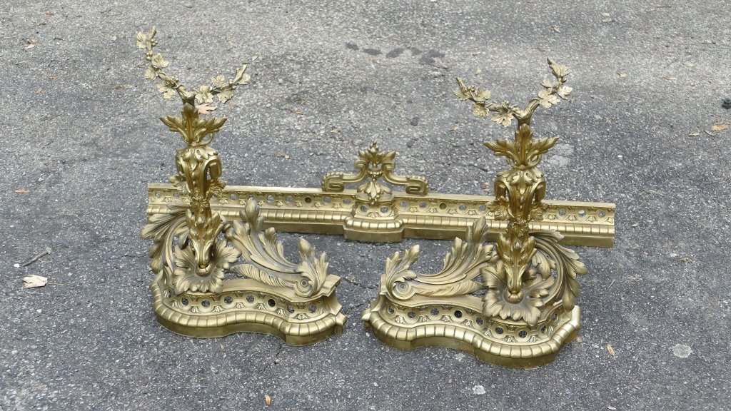 H 53 Cm !! Importante Devanture De Cheminée, Chenets Napoléon III En Bronze Doré-photo-6