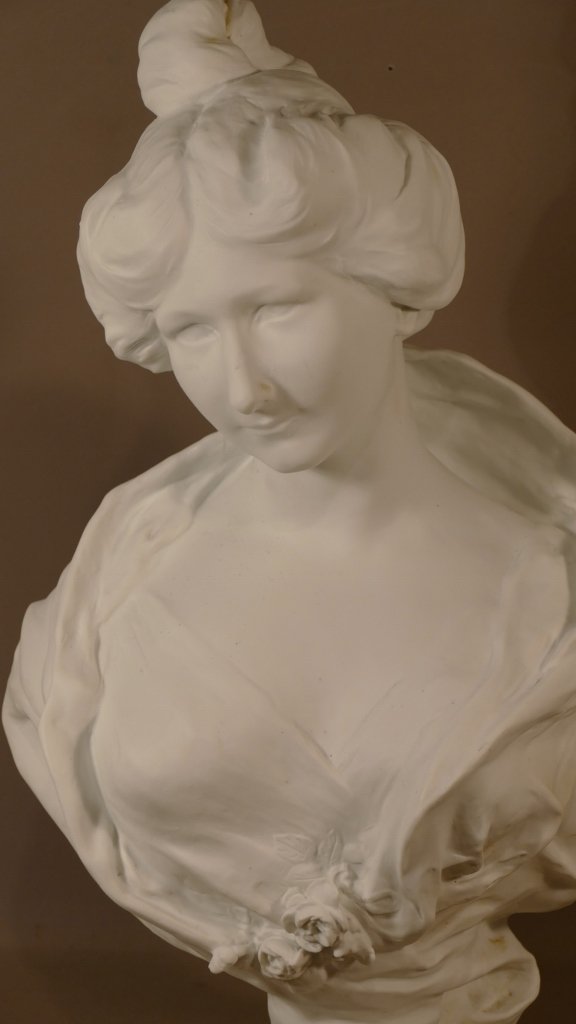 Raoul Verlet, Sculpture En Biscuit, Buste d'Une Jeune Femme, Limoges, Fin XIX ème-photo-2