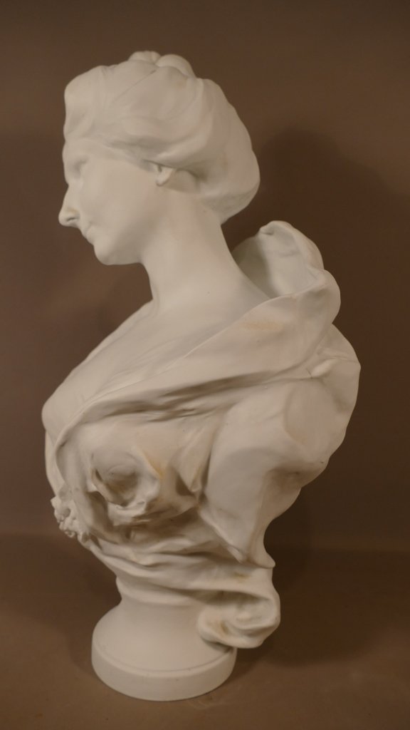 Raoul Verlet, Sculpture En Biscuit, Buste d'Une Jeune Femme, Limoges, Fin XIX ème-photo-1