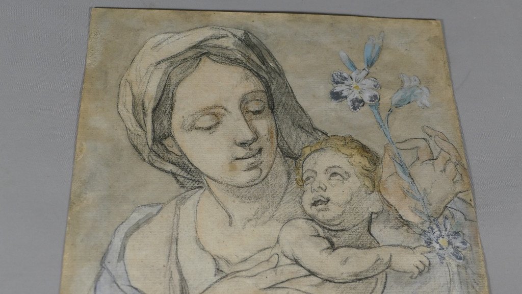 Francesco Trevisani d'Après, Vierge à l'Enfant, Dessin Au Crayon Rehaussé, époque XVIII ème?-photo-3