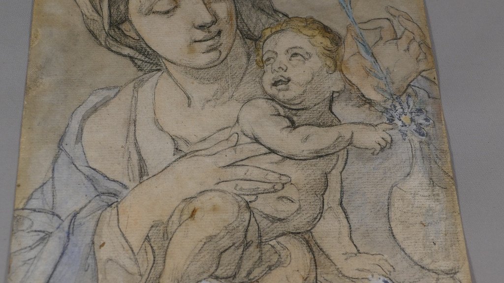 Francesco Trevisani d'Après, Vierge à l'Enfant, Dessin Au Crayon Rehaussé, époque XVIII ème?-photo-4