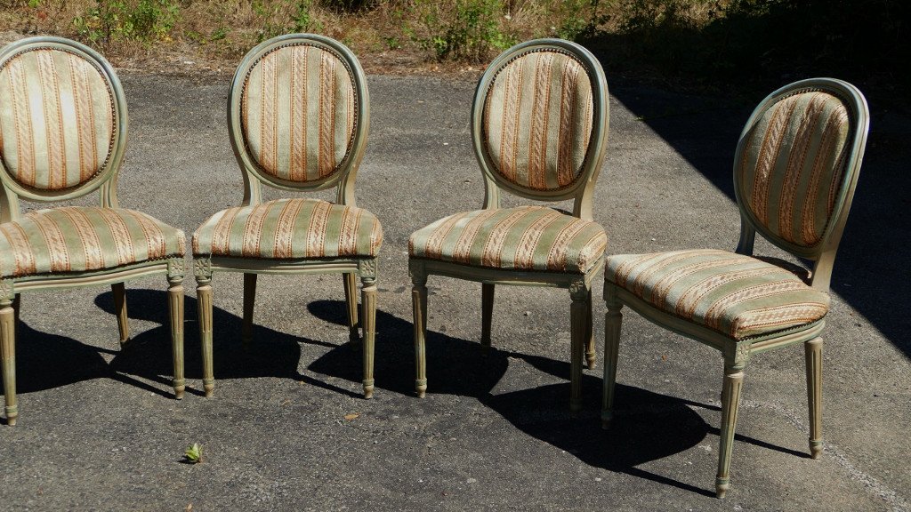 6 Chaises De Style Louis XVI En Hêtre Peint Gris Vert, époque Milieu XX ème-photo-3