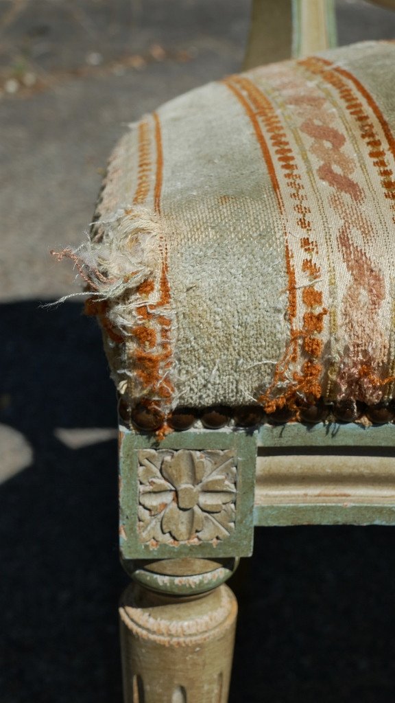 6 Louis XVI Style Chairs In Gray Green Painted Beech, Mid-20th Century-photo-2