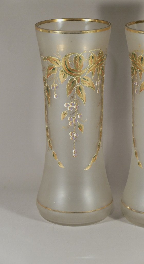 Pair Of Golden Glass Vases And Enamelled With Leaves And Fruits, 1900s-photo-2