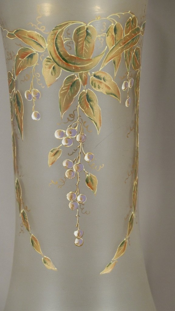 Pair Of Golden Glass Vases And Enamelled With Leaves And Fruits, 1900s-photo-1