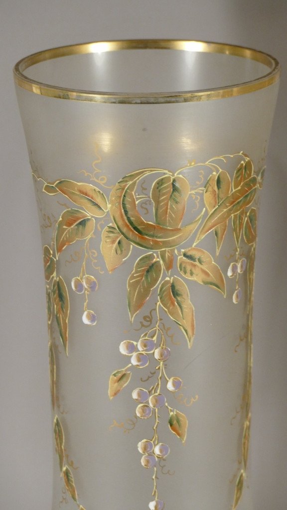 Pair Of Golden Glass Vases And Enamelled With Leaves And Fruits, 1900s-photo-3
