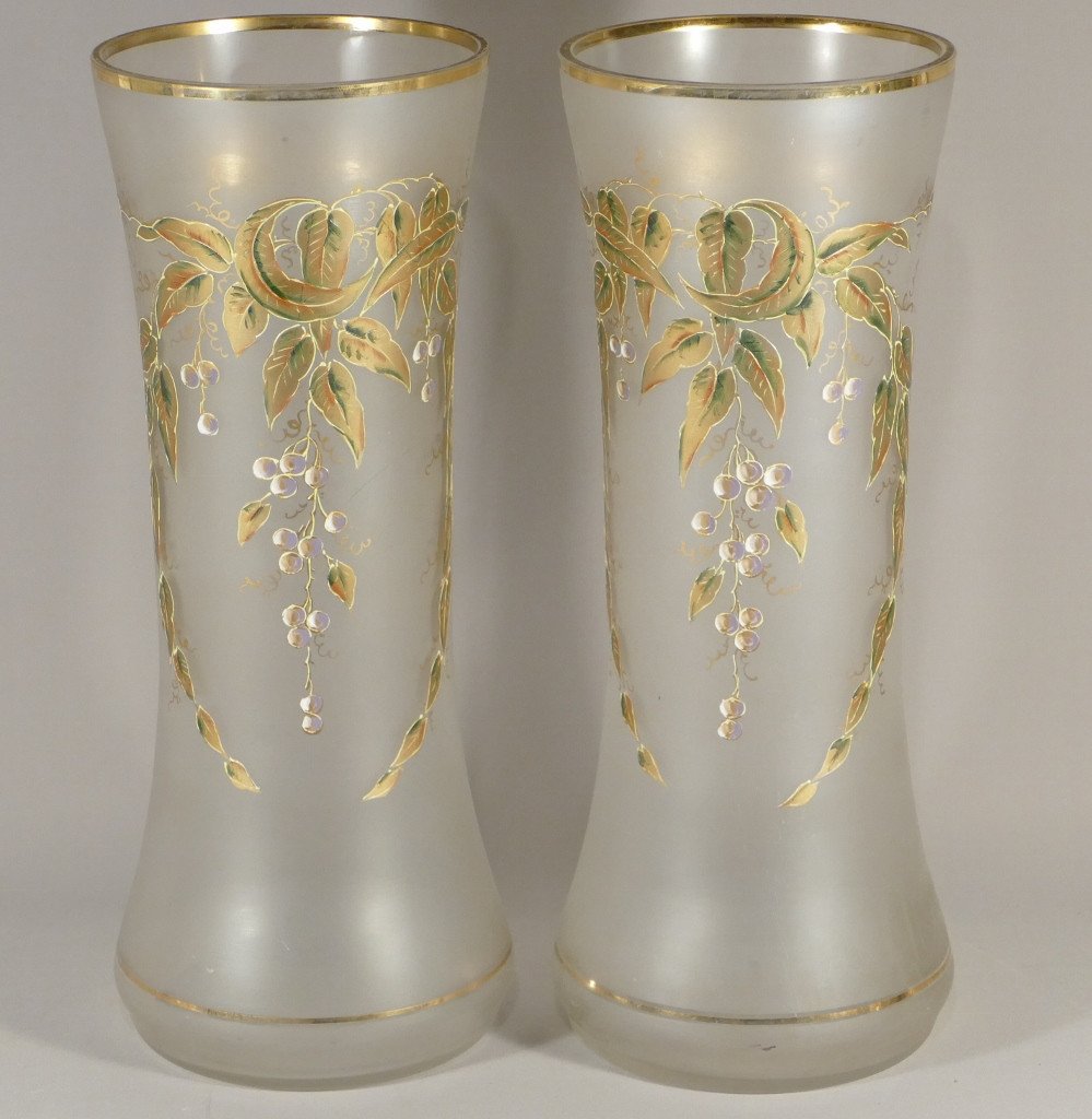 Pair Of Golden Glass Vases And Enamelled With Leaves And Fruits, 1900s