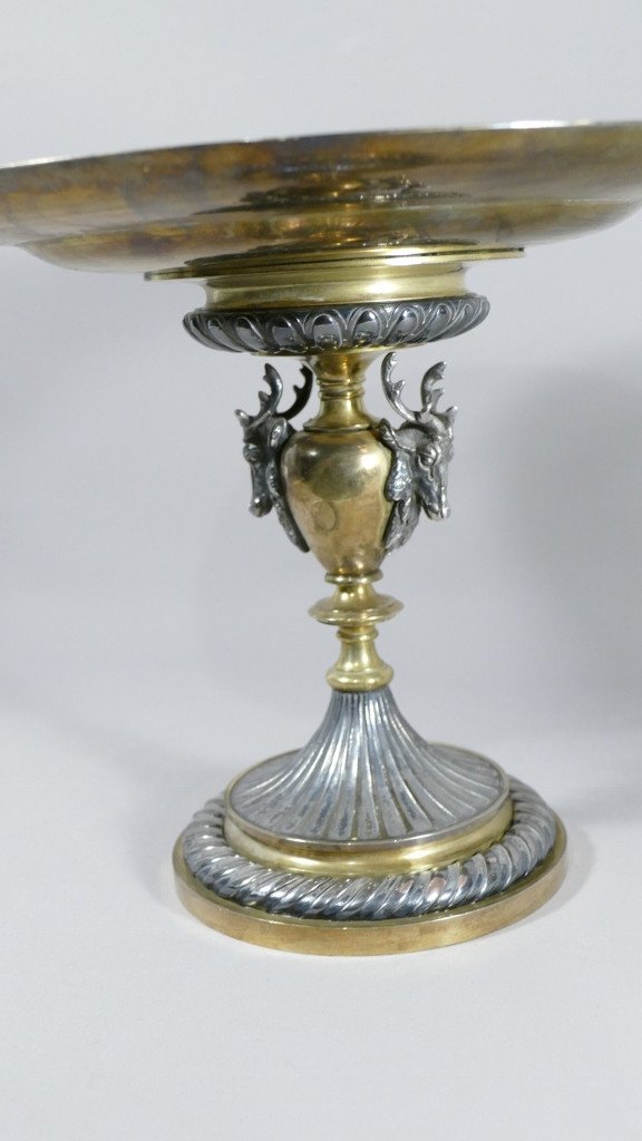 L. Oudry, Centre de Table ou Coupe Sur Piédouche En Bronze Argenté Et Doré, Fin XIX ème -photo-2