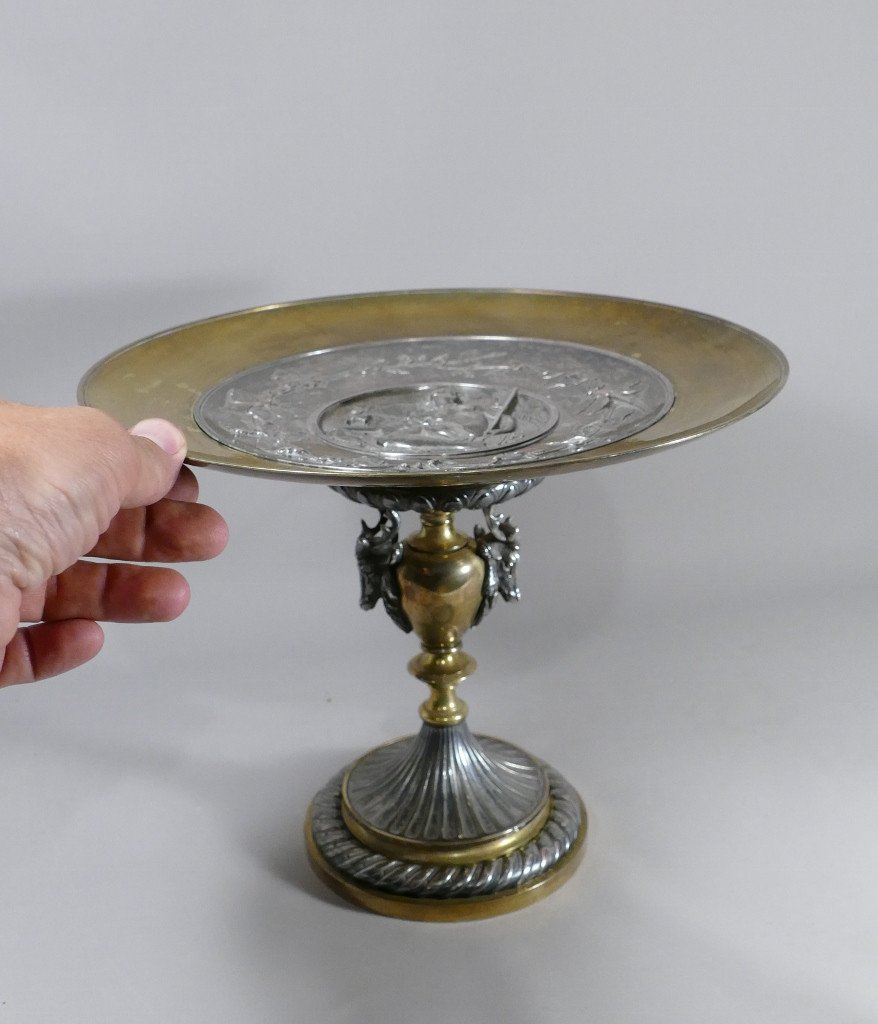 L. Oudry, Centre de Table ou Coupe Sur Piédouche En Bronze Argenté Et Doré, Fin XIX ème -photo-5