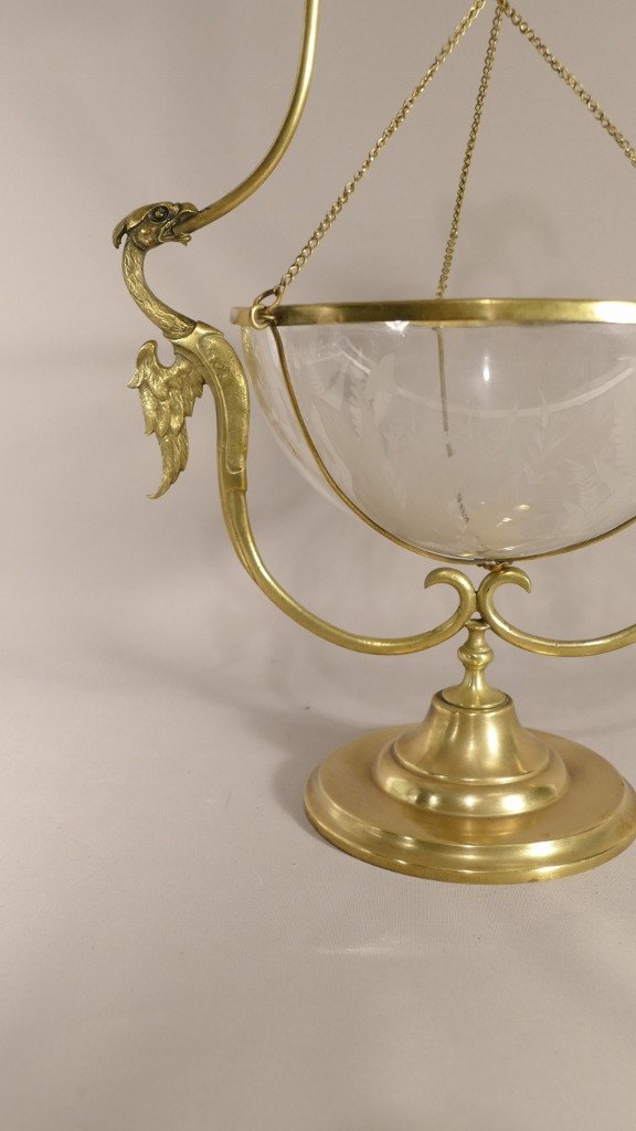 Cup, Centerpiece In Engraved Crystal, Brass And Gilt Bronze, Dragons, Eagle, XIXth Time-photo-3