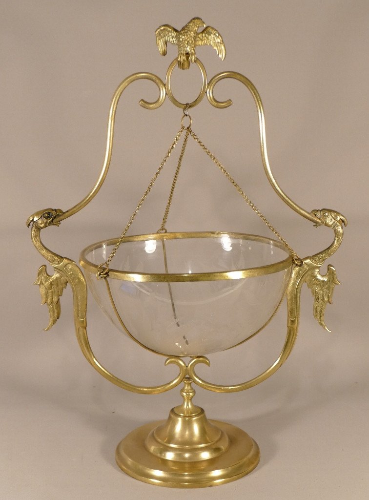 Cup, Centerpiece In Engraved Crystal, Brass And Gilt Bronze, Dragons, Eagle, XIXth Time
