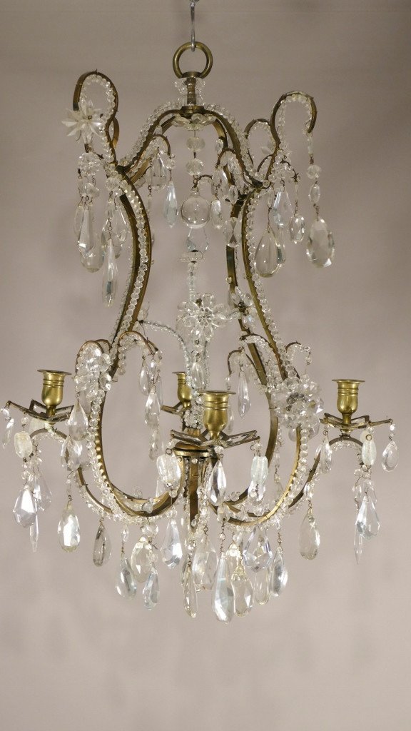 Beaded Cage Chandelier In Bronze, Crystal, In The Taste Of Baguès, XIXth Time