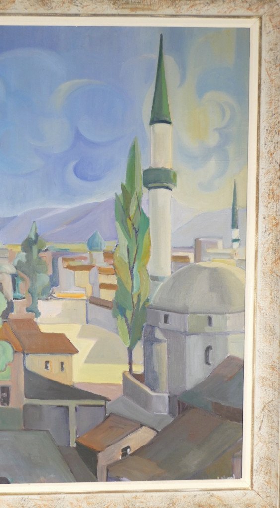 Vue Sur Les Toits De La Mosquée, Huile Sur Toile Signée Lebaud, époque Vers 1950 -photo-3