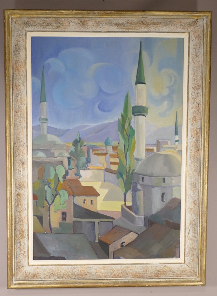 Vue Sur Les Toits De La Mosquée, Huile Sur Toile Signée Lebaud, époque Vers 1950 
