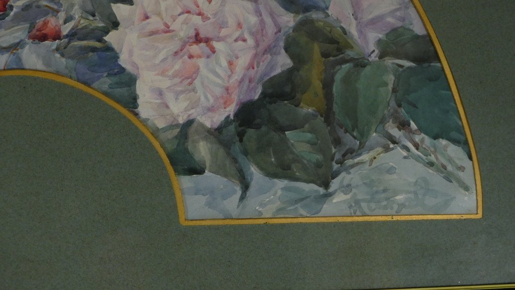 Bouquet Of Roses In Watercolor, Fan Project, Early 20th Century-photo-1