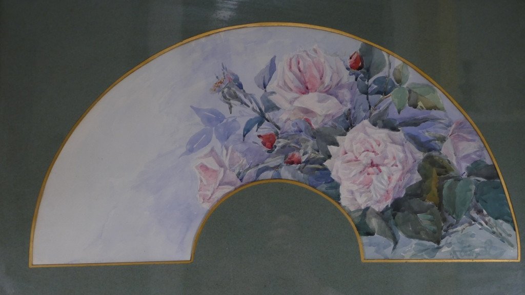 Bouquet Of Roses In Watercolor, Fan Project, Early 20th Century