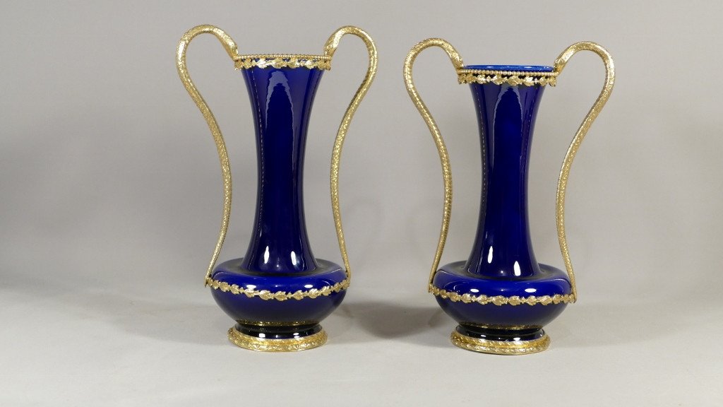 Paire De Vases En Porcelaine Bleu Sèvres Et Bronze Doré Aux Serpents, époque XIX ème-photo-4