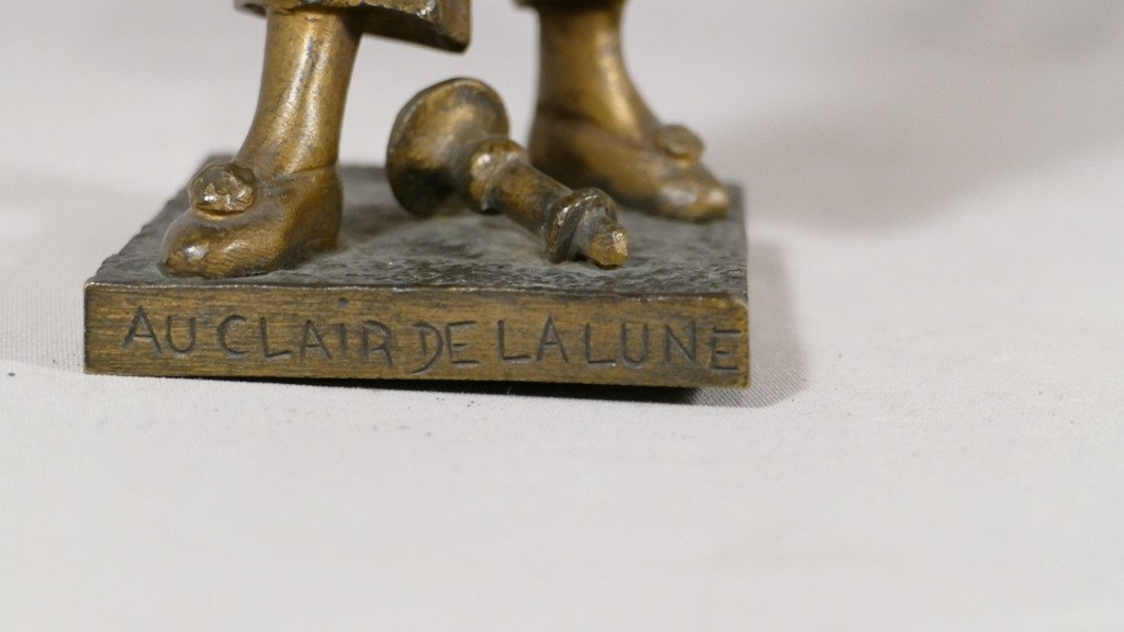 Sculpture En Bronze, Pierrot Au Clair De La Lune, Signée Bouret, XIX ème -photo-1