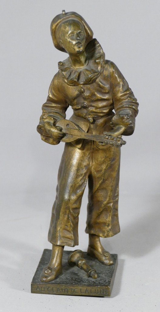 Sculpture En Bronze, Pierrot Au Clair De La Lune, Signée Bouret, XIX ème 