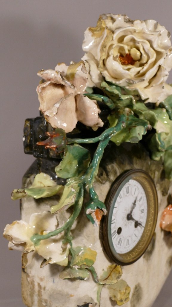 Pendulum In Faience Barbotine With Flowers, Impressionist Ceramic, Montigny Sur Loing-photo-3