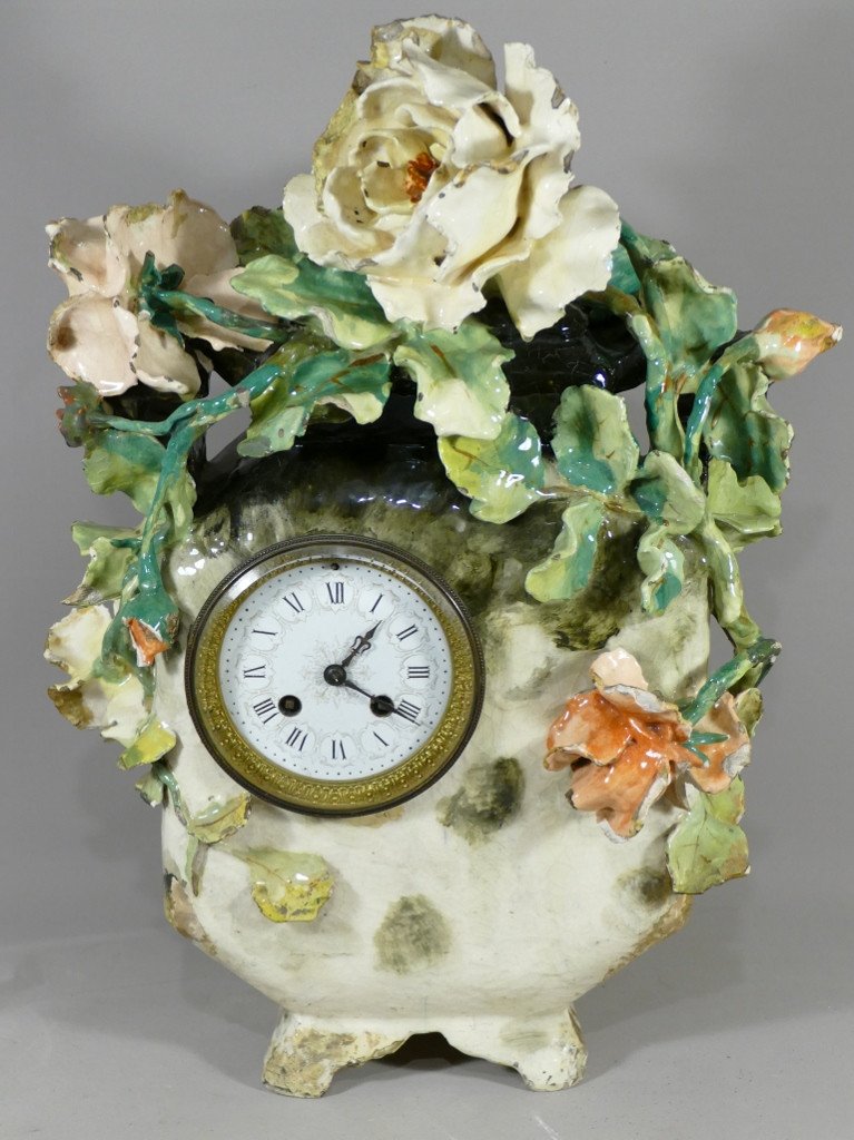 Pendulum In Faience Barbotine With Flowers, Impressionist Ceramic, Montigny Sur Loing