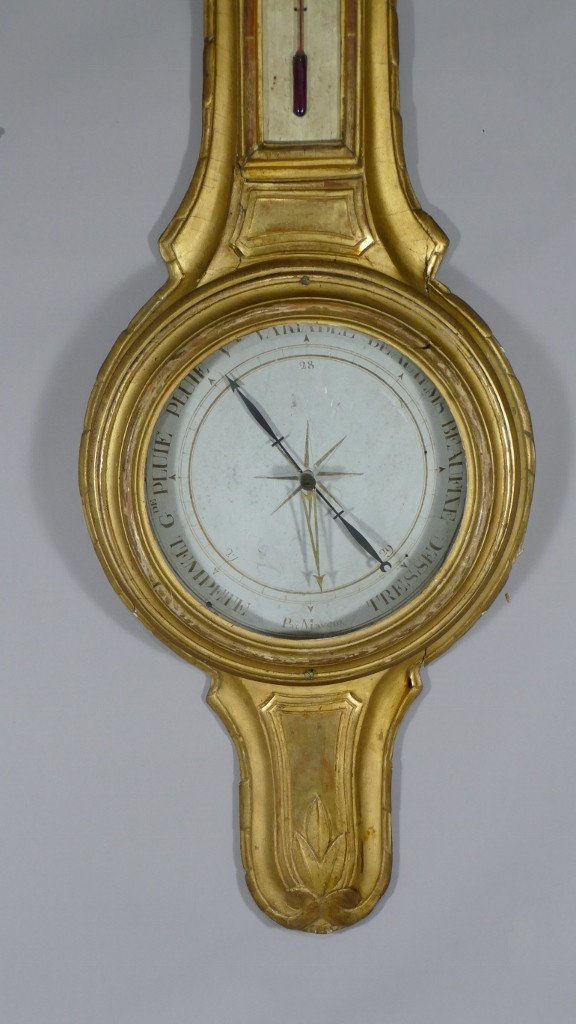 Baromètre Thermomètre Louis XVI En Bois Doré Par Mavero, époque XVIII ème Siècle-photo-2
