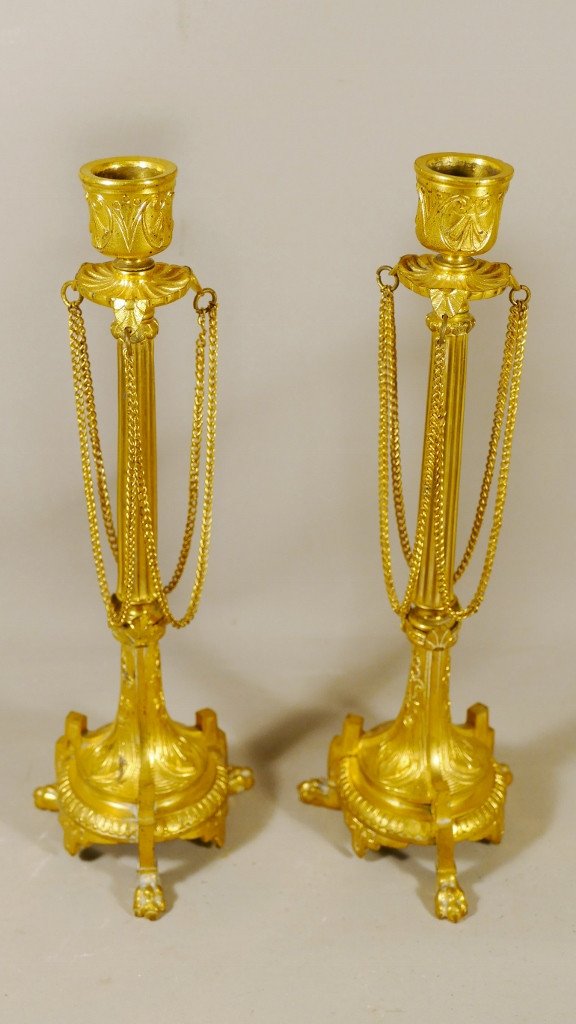 Pair Of Napoleon III Candlesticks In Gilt Bronze With Lion's Paws, XIX-photo-2