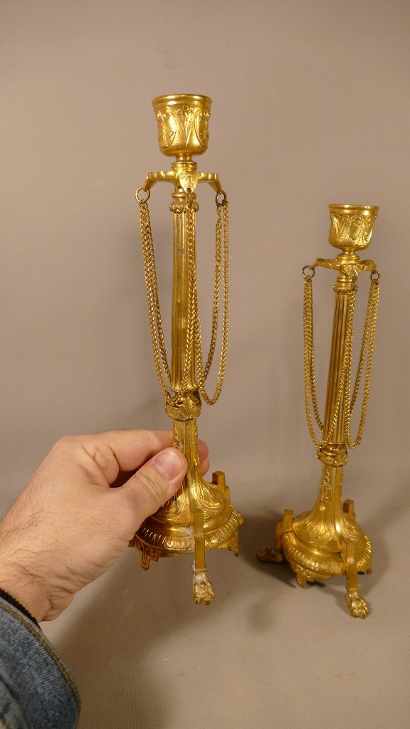Pair Of Napoleon III Candlesticks In Gilt Bronze With Lion's Paws, XIX-photo-5