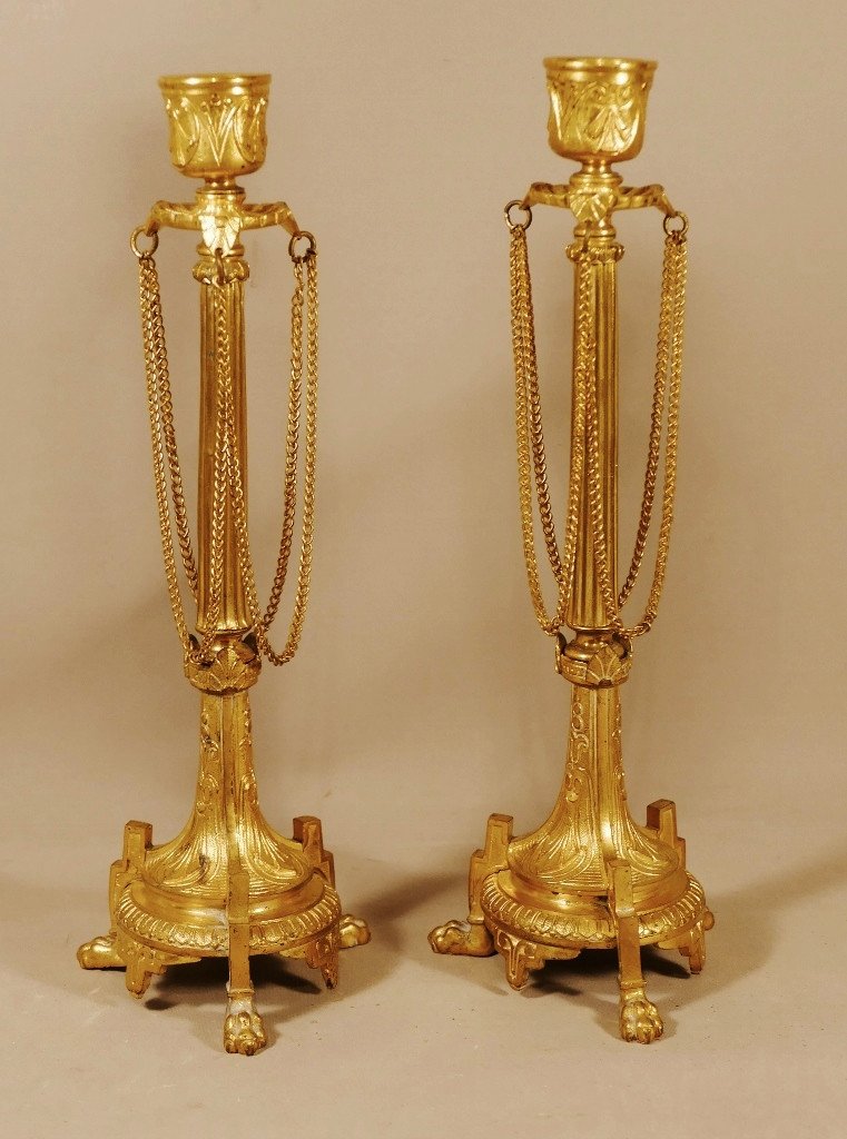 Pair Of Napoleon III Candlesticks In Gilt Bronze With Lion's Paws, XIX